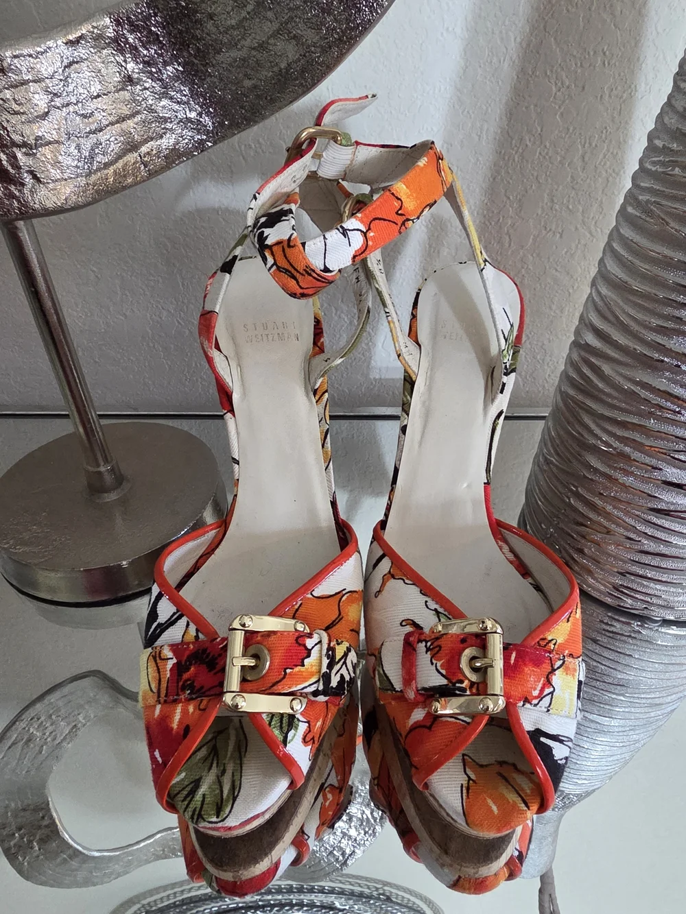 Stuart Weitzman Floral Multi-Color Cork Platform Ankle-Strap Heels - Picture 3 of 7